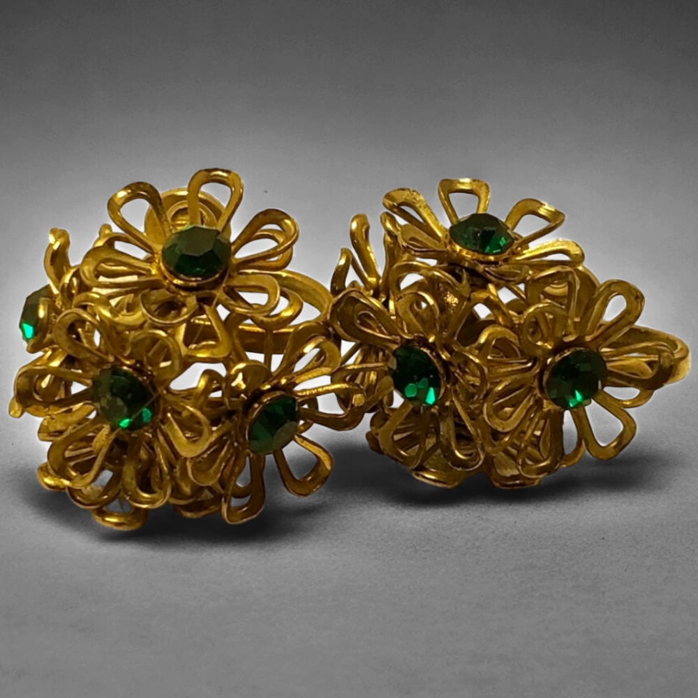 Vintage 1940's Screw On Earrings Floral Wire/Gemstone